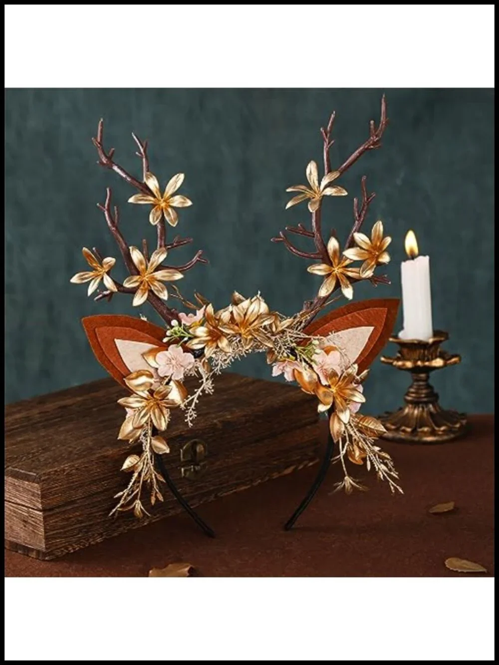 Handmade Antler Branch Headband Gold Adjustable Reindeer Tree Crown Floral